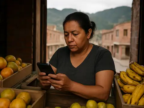 Dueña de una frutería de barrio en Bogotá escribiendo un mensaje en su celular, con los cerros orientales al fondo