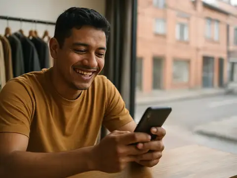 Joven dueño de una tienda de ropa en Bogotá sonriendo mientras envía una promoción desde su celular