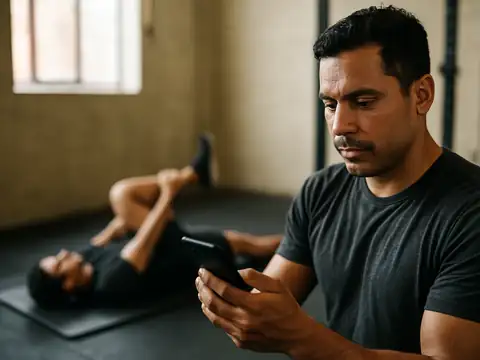 Entrenador de un gimnasio de barrio revisando en su celular las citas del día siguiente