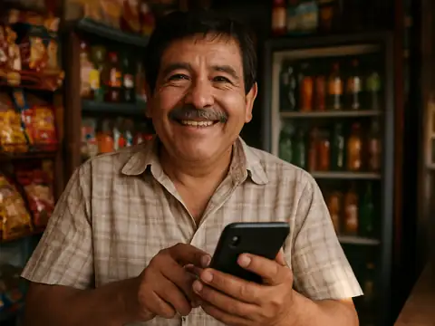 Dueño de una tiendita en Ciudad de México sonriendo con su celular en la mano