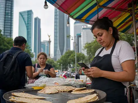 Cocinera de un puesto de quesadillas en Ciudad de México revisando su celular, con las torres de Reforma al fondo