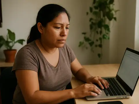 Encargada de cobros de un pequeño negocio trabajando en su computador