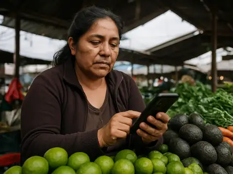 Vendedora de un mercado de Lima enviando un mensaje desde su celular junto a limones y paltas