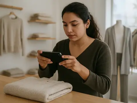 Emprendedora de una tienda de ropa de alpaca en Lima fotografiando un producto con su celular