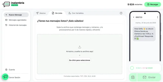 Pestaña De Lista: zona para arrastrar un archivo TXT, CSV, XLS o XLSX y vista previa de un mensaje con emoji, tildes y ñ