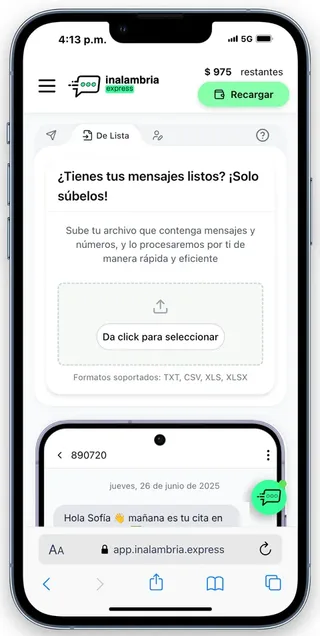 Pantalla "De Lista" de Inalambria Express en el celular, con un mensaje de ejemplo con emojis, tildes y ñ