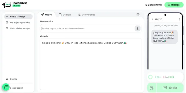 Pantalla principal de Inalambria Express en el computador: pestaña Masivo con un mensaje con emojis, tildes y ñ, y su vista previa en un celular