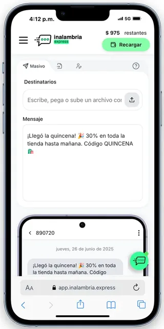Pantalla "Masivo" de Inalambria Express en el celular, con un mensaje de ejemplo con emojis, tildes y ñ