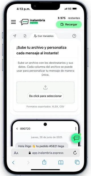 Pantalla "Con Variables" de Inalambria Express en el celular, con un mensaje de ejemplo con emojis, tildes y ñ