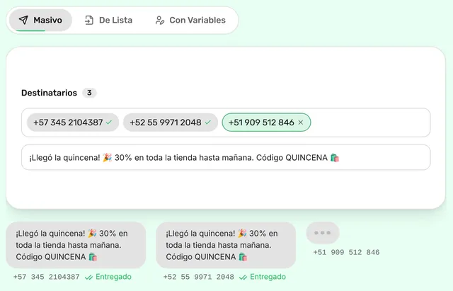 Vista de la plataforma: un mensaje con emojis, tildes y ñ enviado a números de Colombia, México y Perú, con estado Entregado